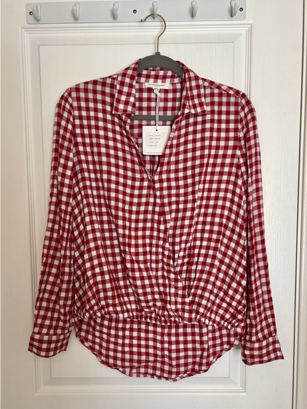 Americana Coastal Boho Red and White Gingham Surplice Blouson Long Sleeve Top